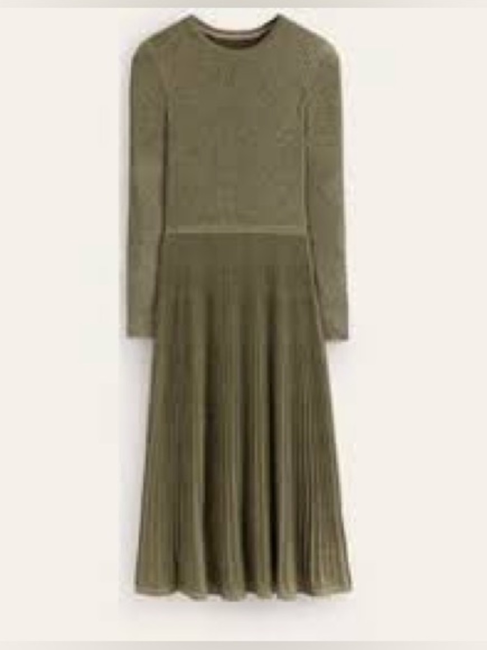 Boden Olive Green Metallic Long-Sleeve Pleated Midi Dress Medium